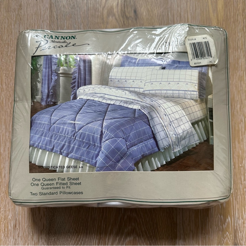 NWT NOS Cannon Percale Queen Bed Sheets 180 Thread Count Blue White Yellow Geese - Picture 2 of 7